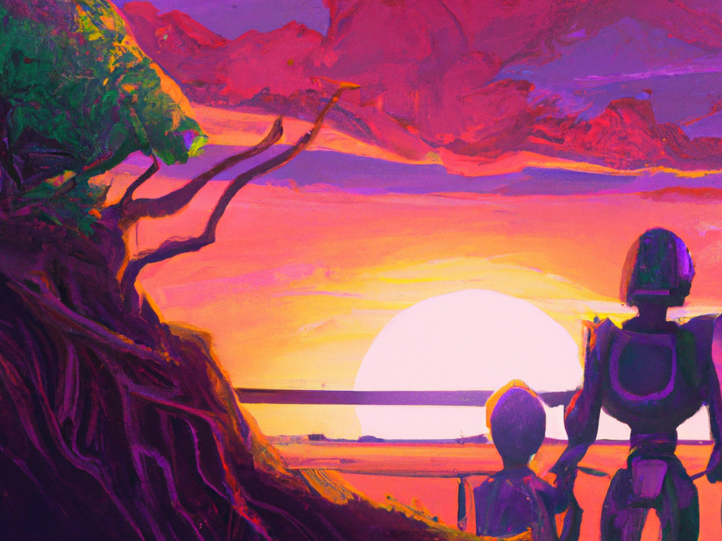 beautiful sunset, on a distant alien planet, strange vegetation, a robot and a human holding hands